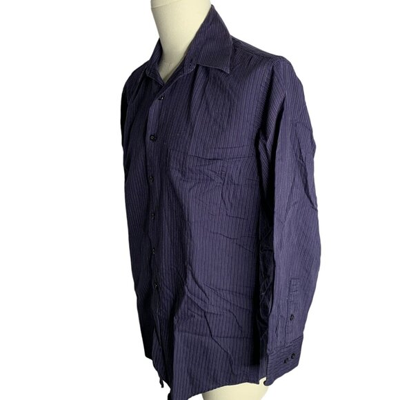 Alfani Button Up Long Sleeve Shirt M Dark Blue Black Striped Pocket Cotton - Picture 3 of 6
